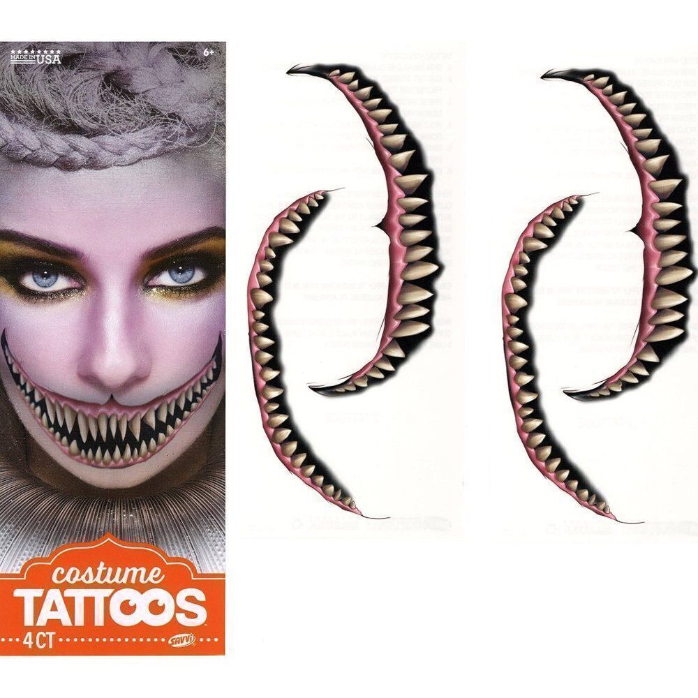 Unisex Halloween Costume Realistic 3D Scary Smile with Sharp Teeth Tattoo 4-Kits